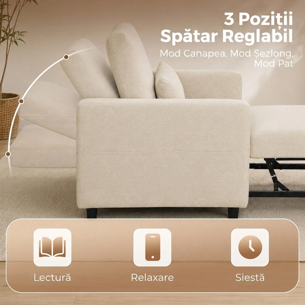 HOMCOM Fotoliu Extensibil 3 în 1 Pliabil cu Spătar Reglabil, Material cu Aspect de In, 78 x 94,5 x 83 cm, Alb Crem | Aosom Romania