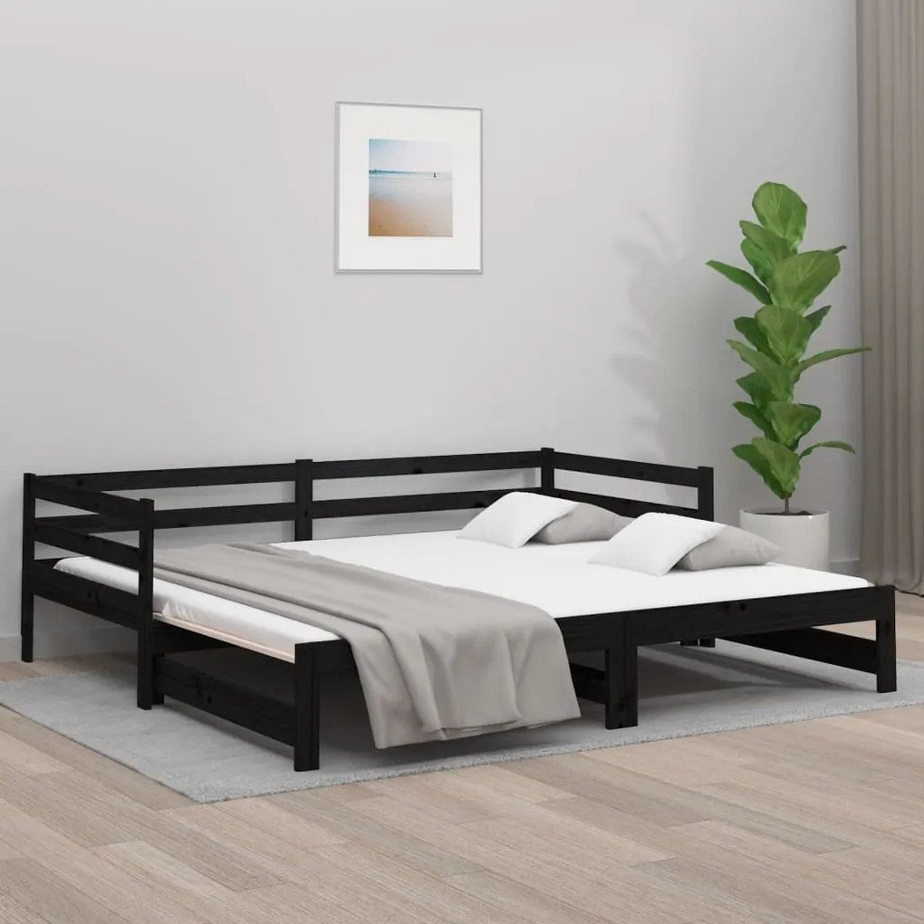 814698 vidaXL Pat de zi extensibil, negru, 2x(80x200) cm, lemn masiv de pin