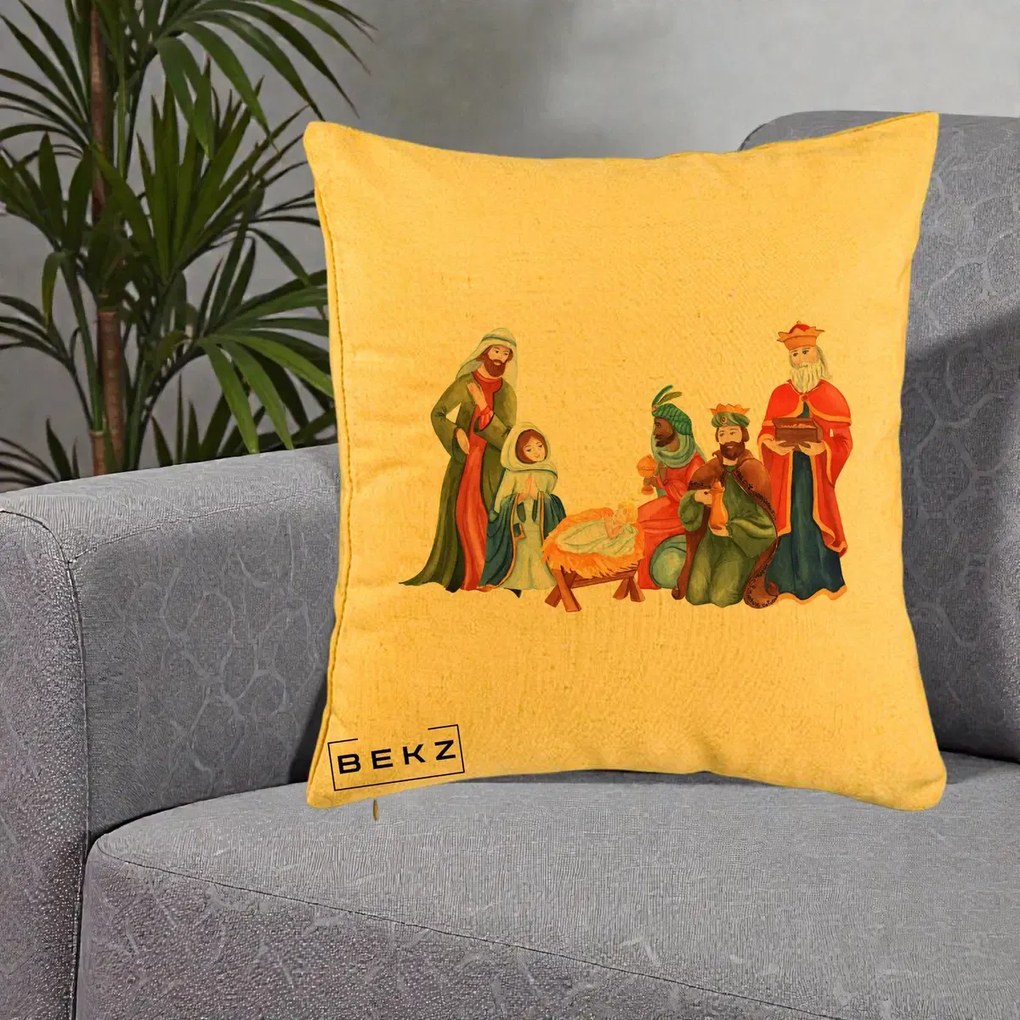 Perna Decorativa Nasterea Domnului Cei Trei Magi Acuarela, 40x40 cm, Galben, Husa Detasabila, Perna Inclusa, BEKZ®