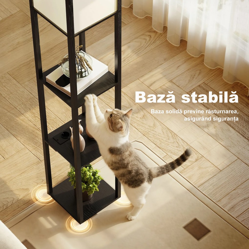 Lampă de Podea HOMCOM LED cu Rafturi, Lampă Modernă cu Comutator și Porturi USB, Lumină Reglabilă pentru Living și Dormitor, Neagră | Aosom Romania