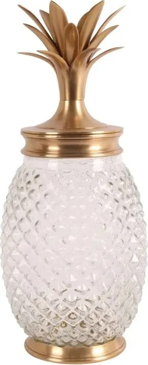 Borcan decorativ din sticlă și alamă, auriu, în formă de ananas, cu capac, 43 x 18 cm, „Tropea”