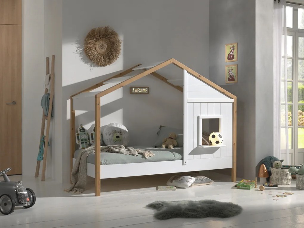 Pat Căsuță pentru Copii, 90x200 cm, Alb/Natural (Pin Masiv și MDF) – Babs – Vipack