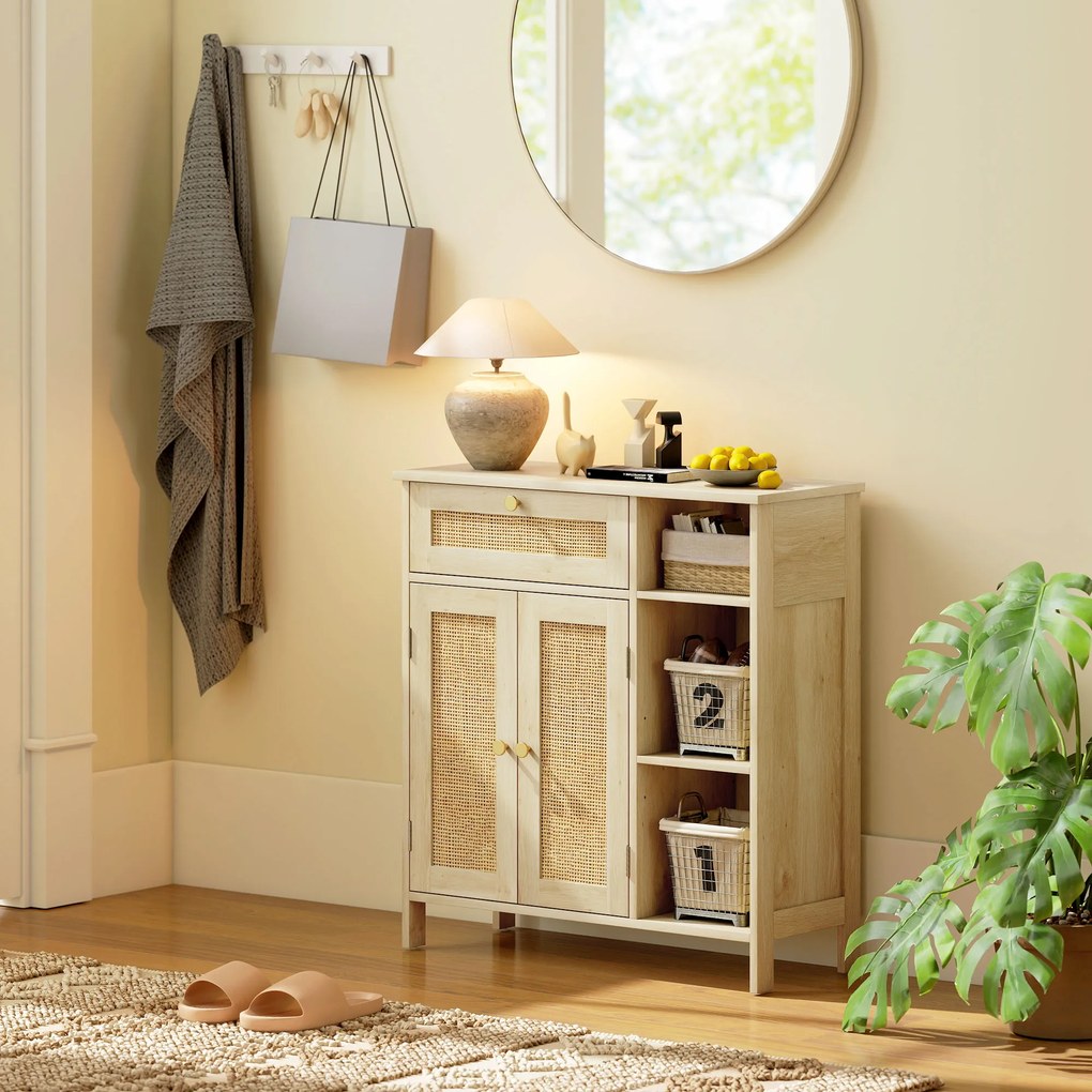 HOMCOM Bufet, mobilier de depozitare, 2 uși din ratan, sertar, nișe deschise, polițe reglabile, 75x30x79,5cm, lemn natural | Aosom Romania