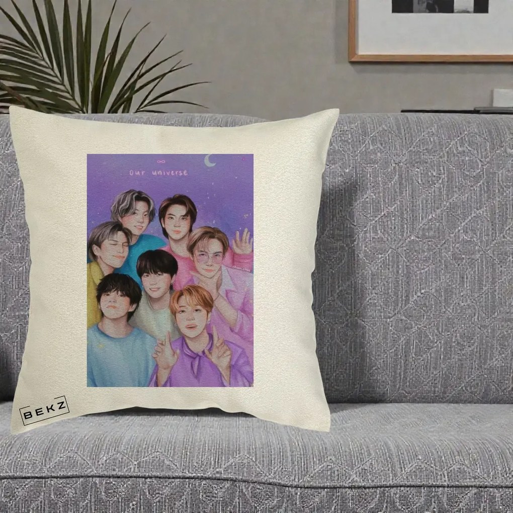 Perna Personalizata K-pop BTS Our Universe Fanart Violet Pastel, 40x40 cm, Ecru, Husa Detasabila, Perna Inclusa, BEKZ®