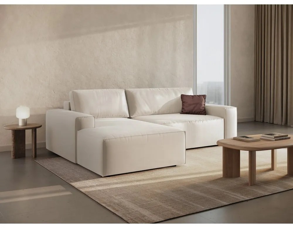 Colțar bej extensibil/cu spațiu de depozitare cu tapițerie din catifea (cu colț pe partea stângă /cu șezlong) Jodie – Micadoni