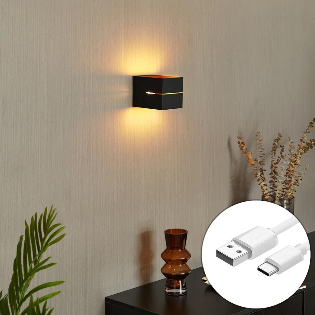 Lampă de perete modernă neagră cu interior auriu, inclusiv LED și dimmer tactil reîncărcabil - Joris Groove