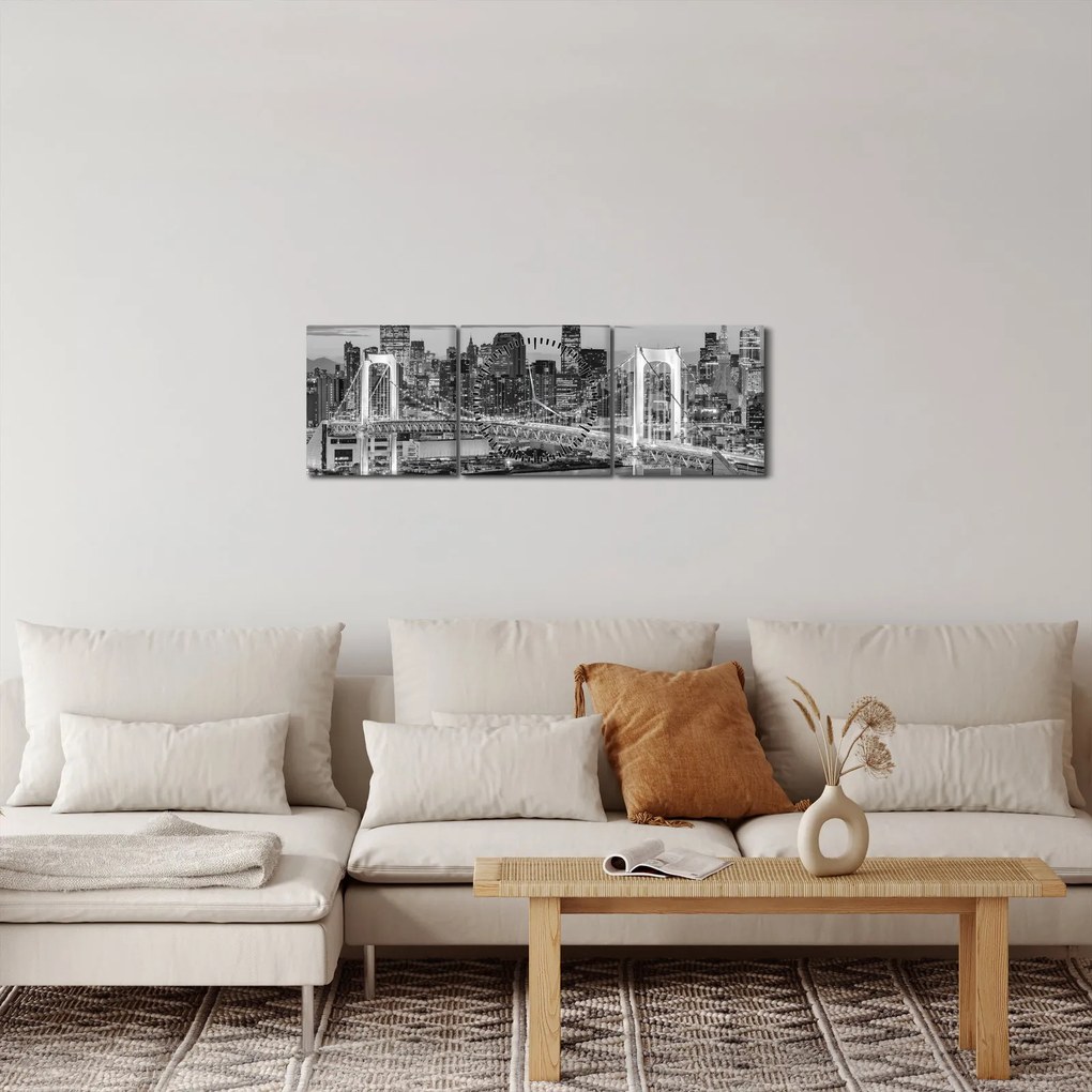 Tablou - Negru și alb oraș mare (cu ceas) (90x30 cm)