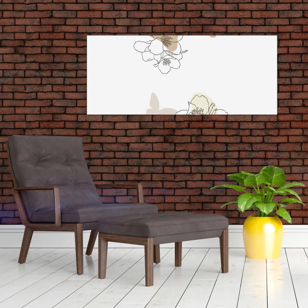 Tablou - Flori bej cu fluture N⁰2 (120x50 cm)