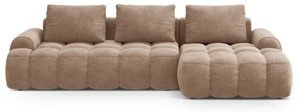 Colțar maro deschis extensibil/cu spațiu de depozitare cu tapițerie din catifea (cu colț pe partea dreaptă/cu șezlong) Linz – Cosmopolitan Design