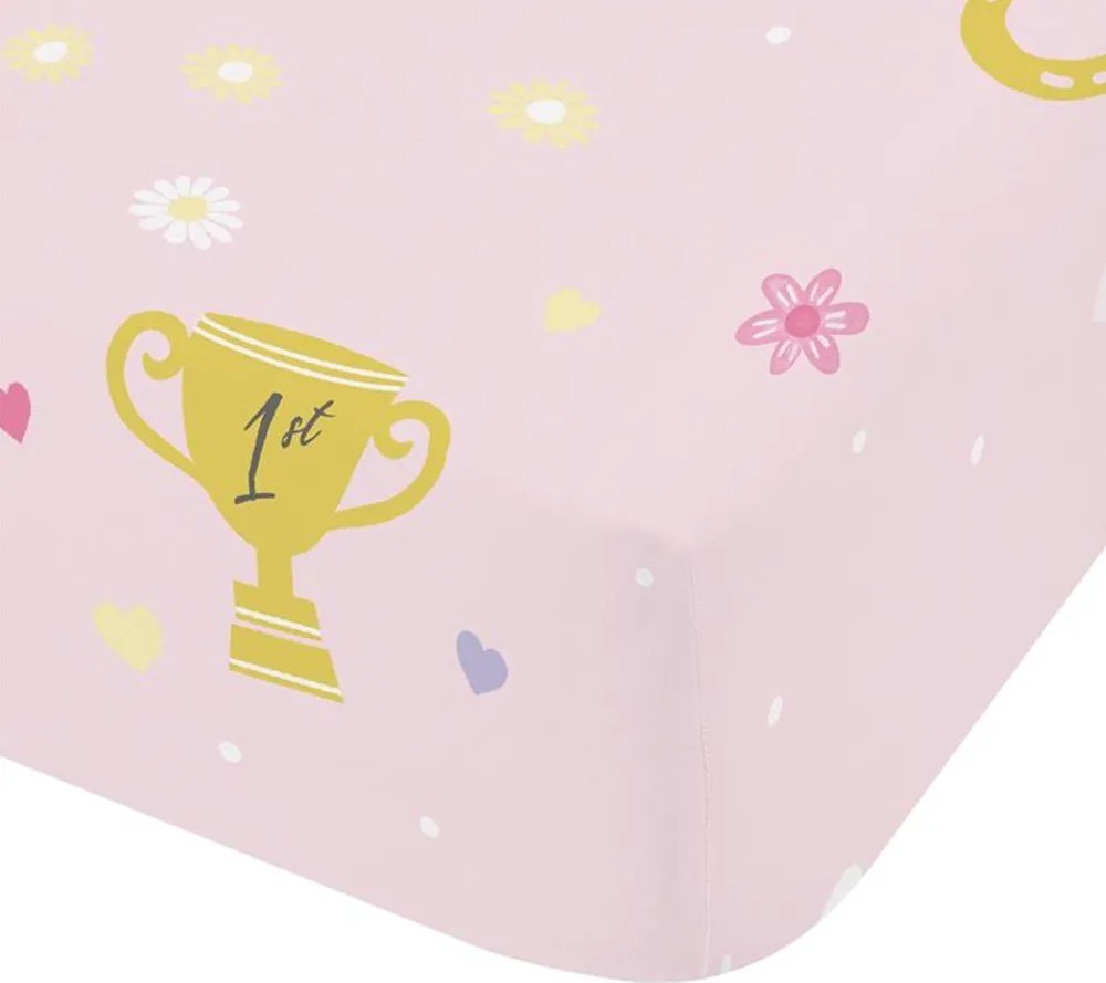 Cearceaf pentru copii roz pentru pat de o persoană cu elastic 90x190 cm Happy Horses – Catherine Lansfield