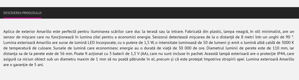 Aplica LED de exterior pentru scari cu senzor de miscare Amarillo neagra 7969 RX