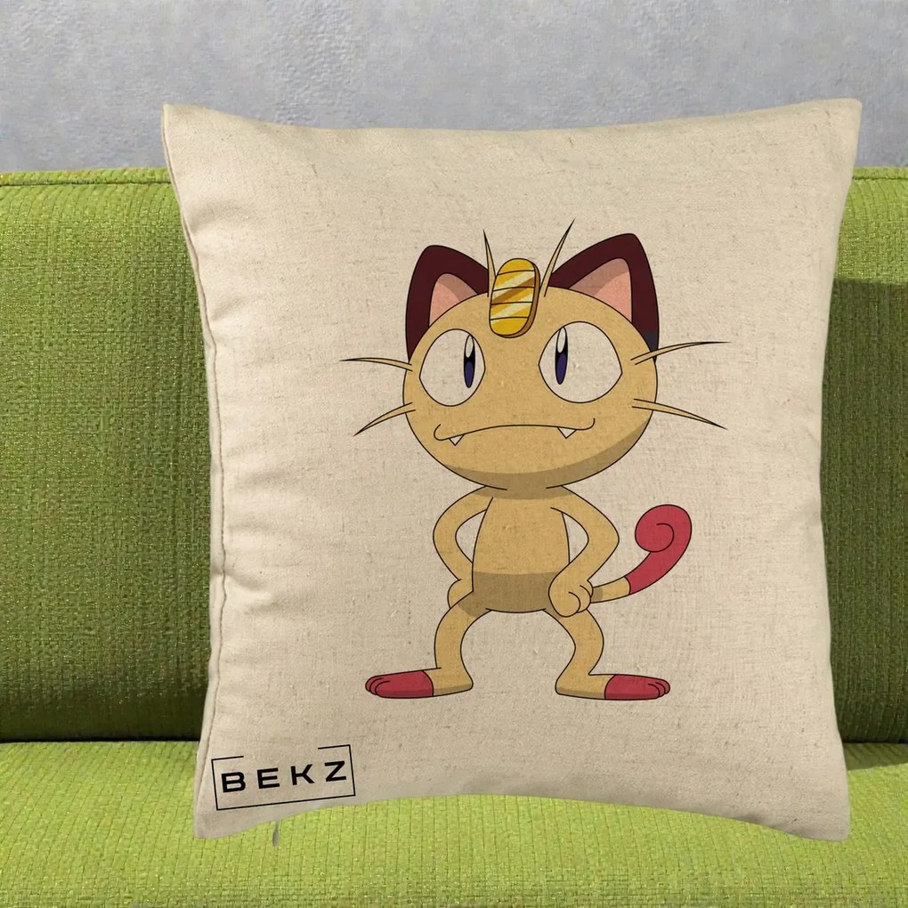 Perna Personalizata Meowth Pokemon, 40x40 cm, Bej, Husa Detasabila, Perna Inclusa, BEKZ®