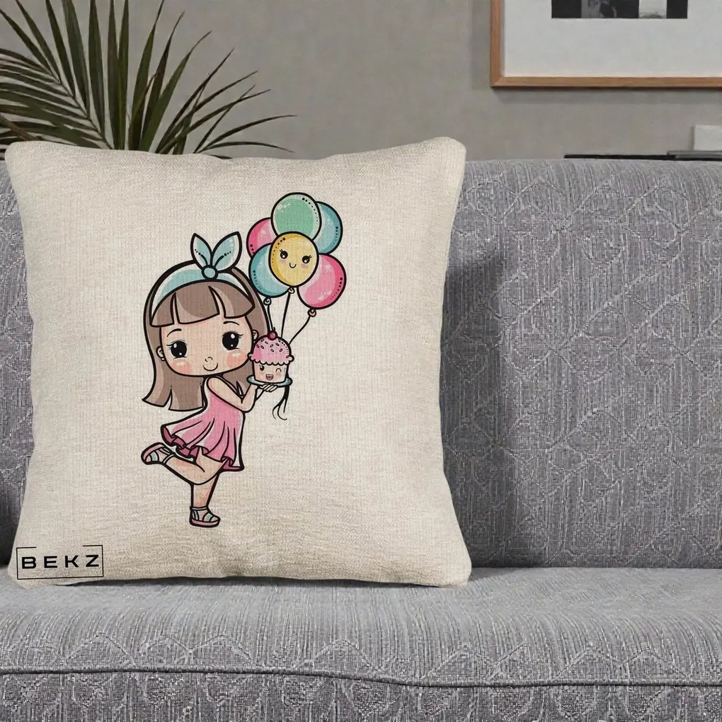 Perna Decorativa Fetita Kawaii cu Baloane si Cupcake, 40x40 cm, Bej Canapea, Husa Detasabila, Perna Inclusa, BEKZ®