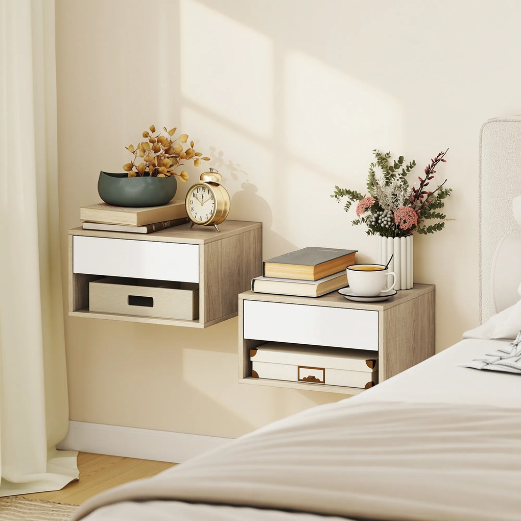 HOMCOM Set de 2 noptiere montate pe perete, noptiere, sertar, compartiment deschis, blat, 37 x 32 x 21 cm, lemn natural | Aosom Romania