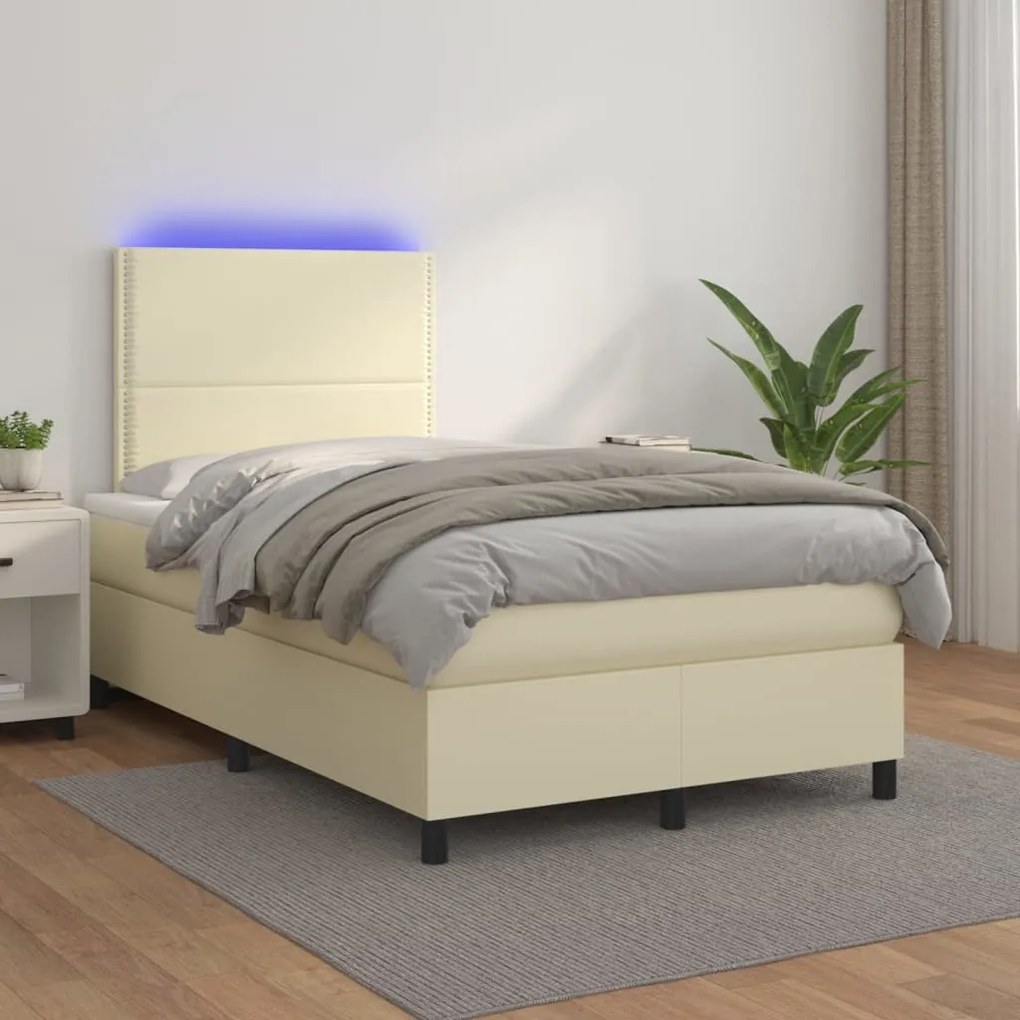 3135875 vidaXL Pat cu arcuri, saltea și LED, crem, 120x200 cm, piele ecologică