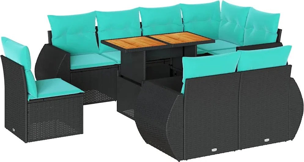 vidaXL Set mobilier de grădină cu perne, 9 piese, negru, poliratan