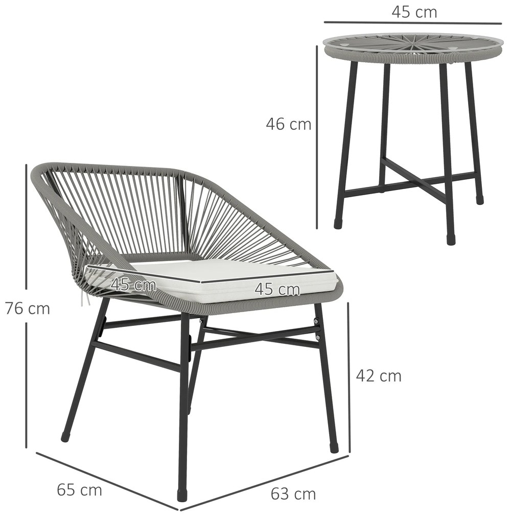 Outsunny Set de mobilier de exterior cu 3 piese, 1 masă, 2 scaune, Împletitură de ratan, Cadru din oțel, Masă de cafea cu blat de sticlă, Gri închis | Aosom Romania