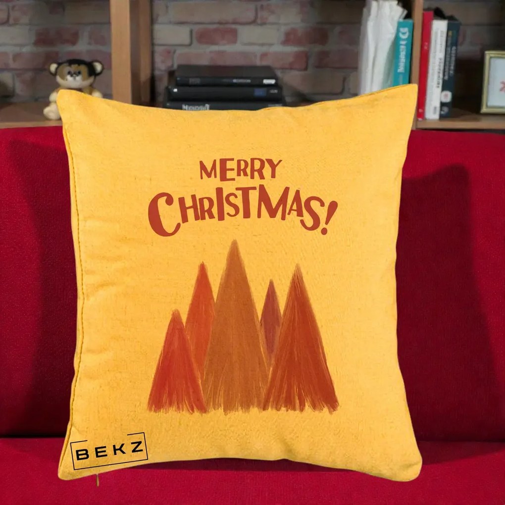 Perna Decorativa Merry Christmas Brazi Roz, 40x40 cm, Galben, Husa Detasabila, Perna Inclusa, BEKZ®