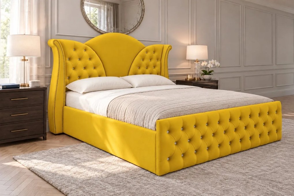 Pat tapițat Chesterfield din catifea Velora Cristal 160×200 cm, galben muștar, cu ladă de depozitare
