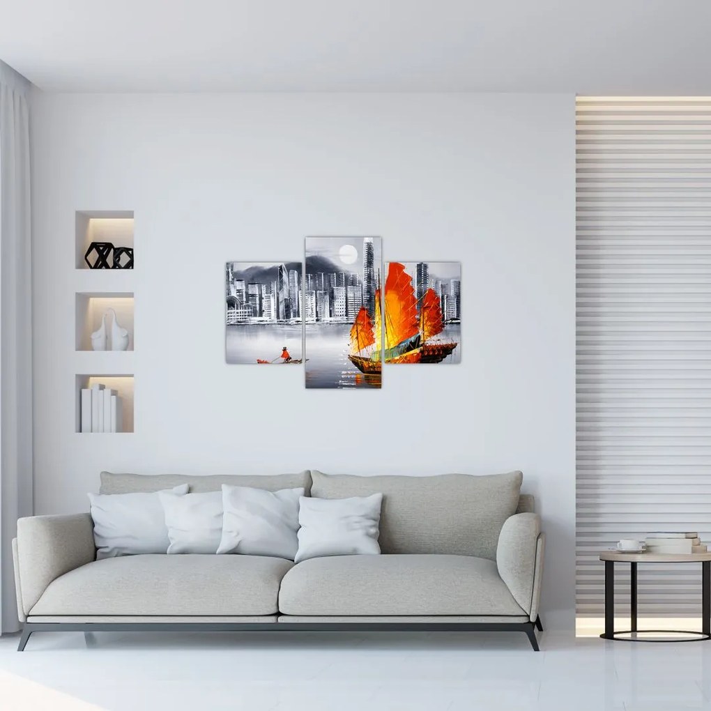 Tablou - Victoria Harbour, Hong Kong, pictură în ulei alb- negru (90x60 cm)