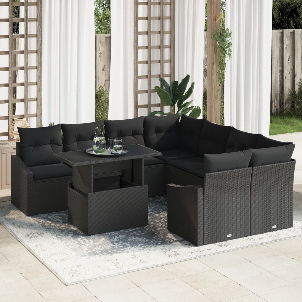 vidaXL Set de canapele pentru grădină , 9 piese, cu perne, din rattan negru