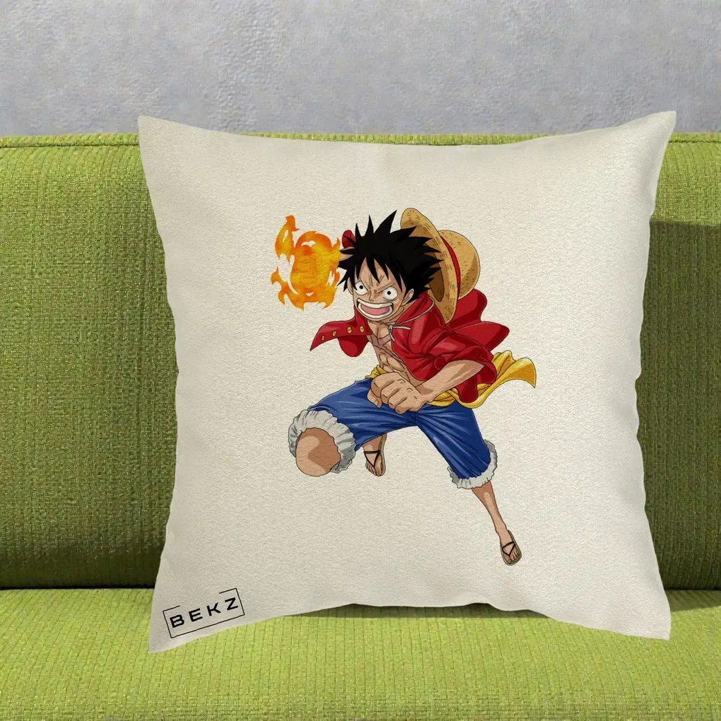 Perna Personalizata One Piece Luffy Gear Second Foc, 40x40 cm, Ecru, Husa Detasabila, Perna Inclusa, BEKZ®