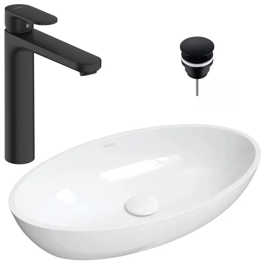 Pachet lavoar pe blat Omnires Siena M+ alb 60 cm, baterie lavoar Hansgrohe Vernis Blend negru si ventil lavoar Click-Clack negru