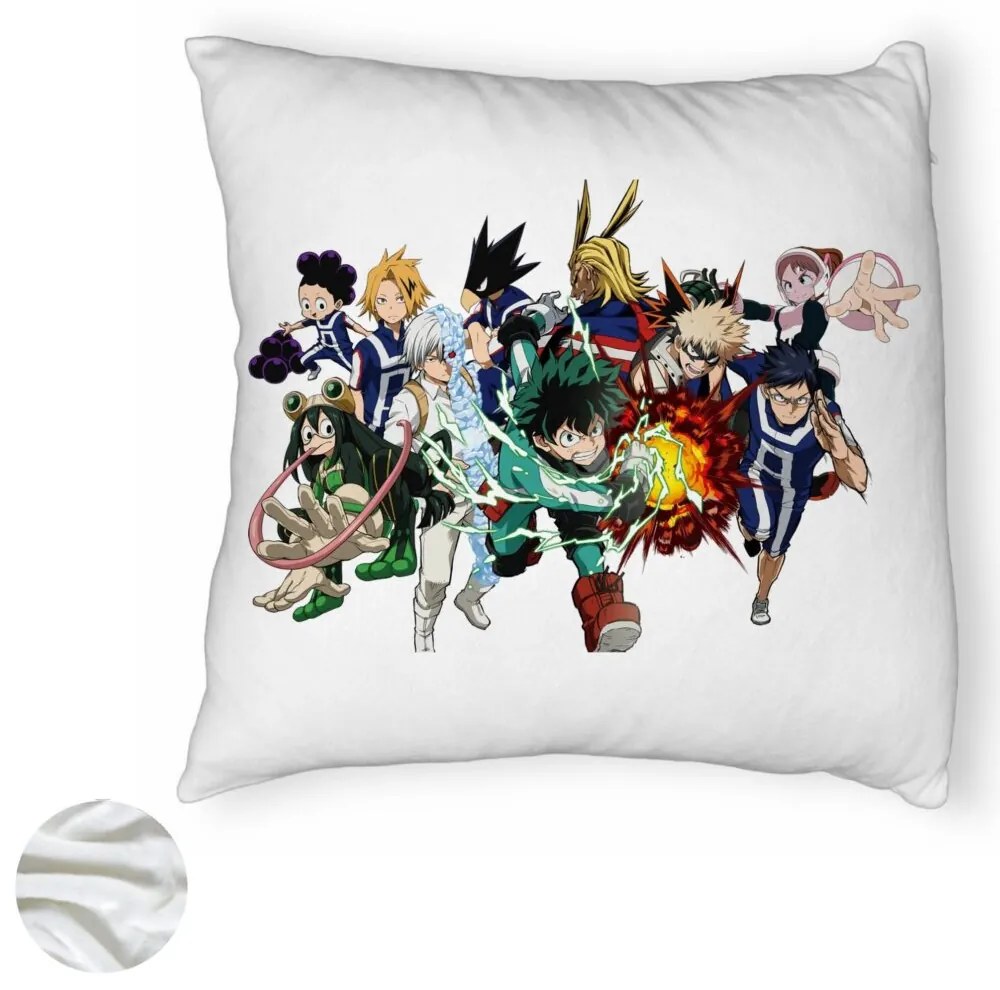 Perna Decorativa Fluffy cu My Hero Academia Characters, 40x40 cm, Alba, Husa Detasabila, Burduf