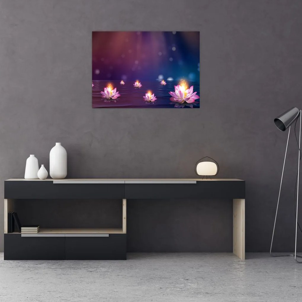 Tablou pe sticlă - Nuferi magici (70x50 cm)