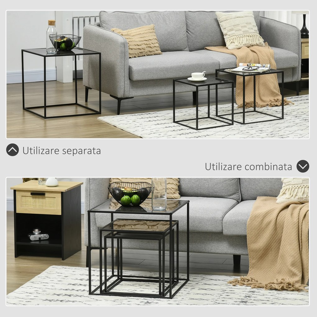 HOMCOM Set de 3 Măsuțe Suprapuse Negre, Mese Laterale Stivuibile pentru Canapea, Design Modern și Versatil | Aosom Romania