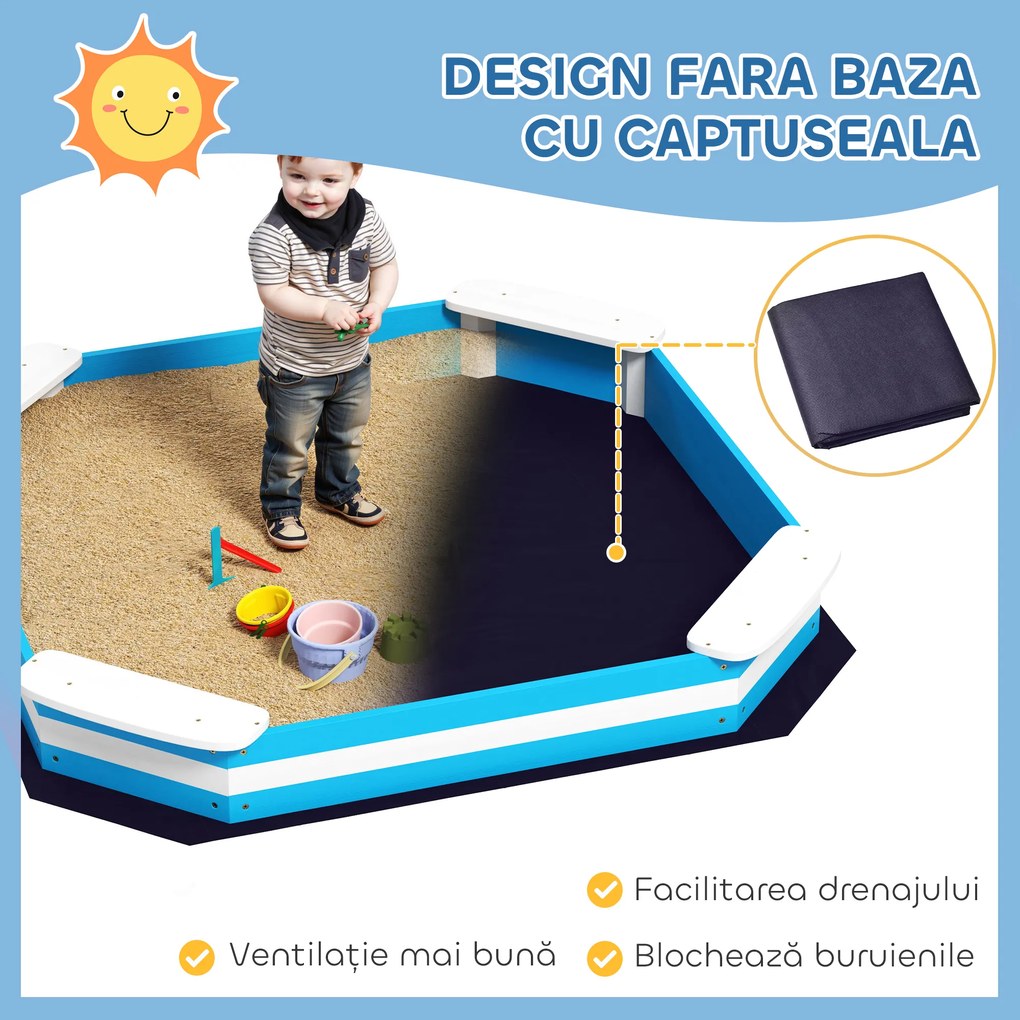 AIYAPLAY Cutie de Nisip pentru Copii 3-6 Ani cu 4 Locuri de Șezut în Colțuri, 133x133x16 cm, Albastru | Aosom Romania