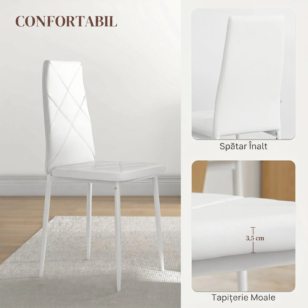 HOMCOM Set 2 Scaune de Sufragerie Tapițate cu Spătar Înalt, Picioare Antiderapante și Picioare din Oțel, 41x50x97 cm, Alb | Aosom Romania
