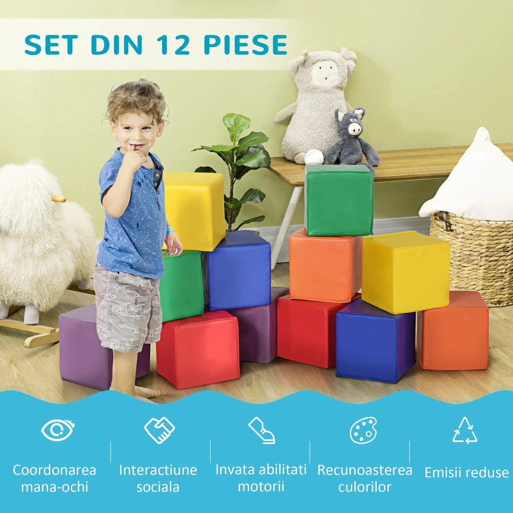 Set HOMCOM 12 Cuburi Moi fara Ftalati, Joc Educativ pentru Copii peste 2 ani, 20x20x20cm, Multicolor | Aosom Romania