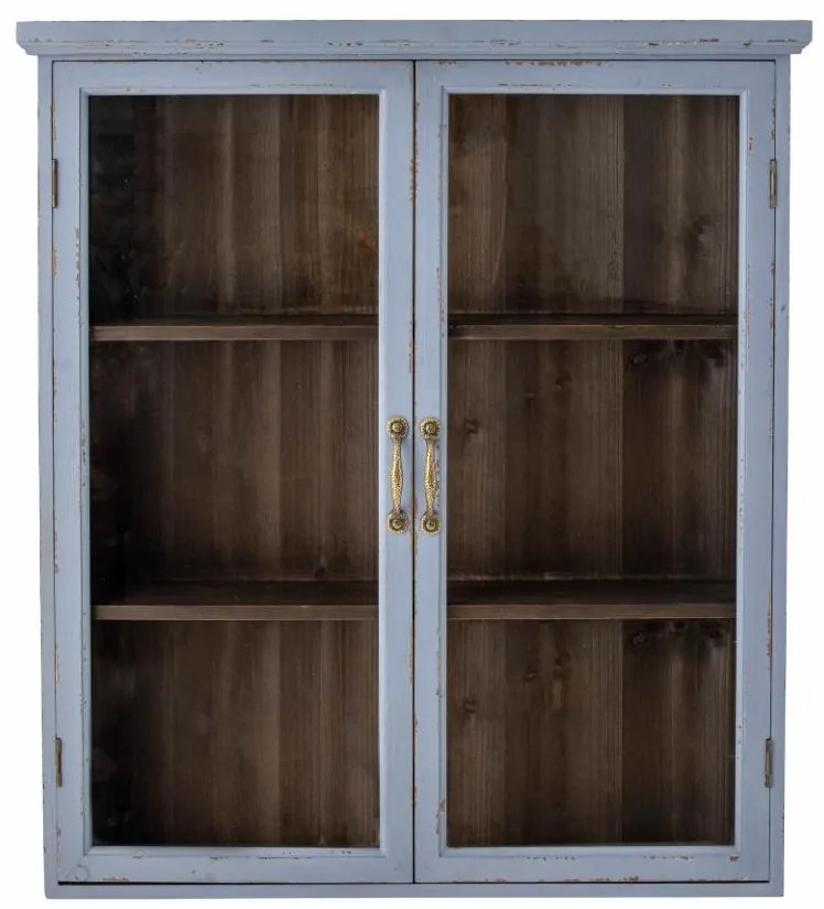 Vitrina albastra, din lemn cu aspect vintage, 3 rafturi, Hazem