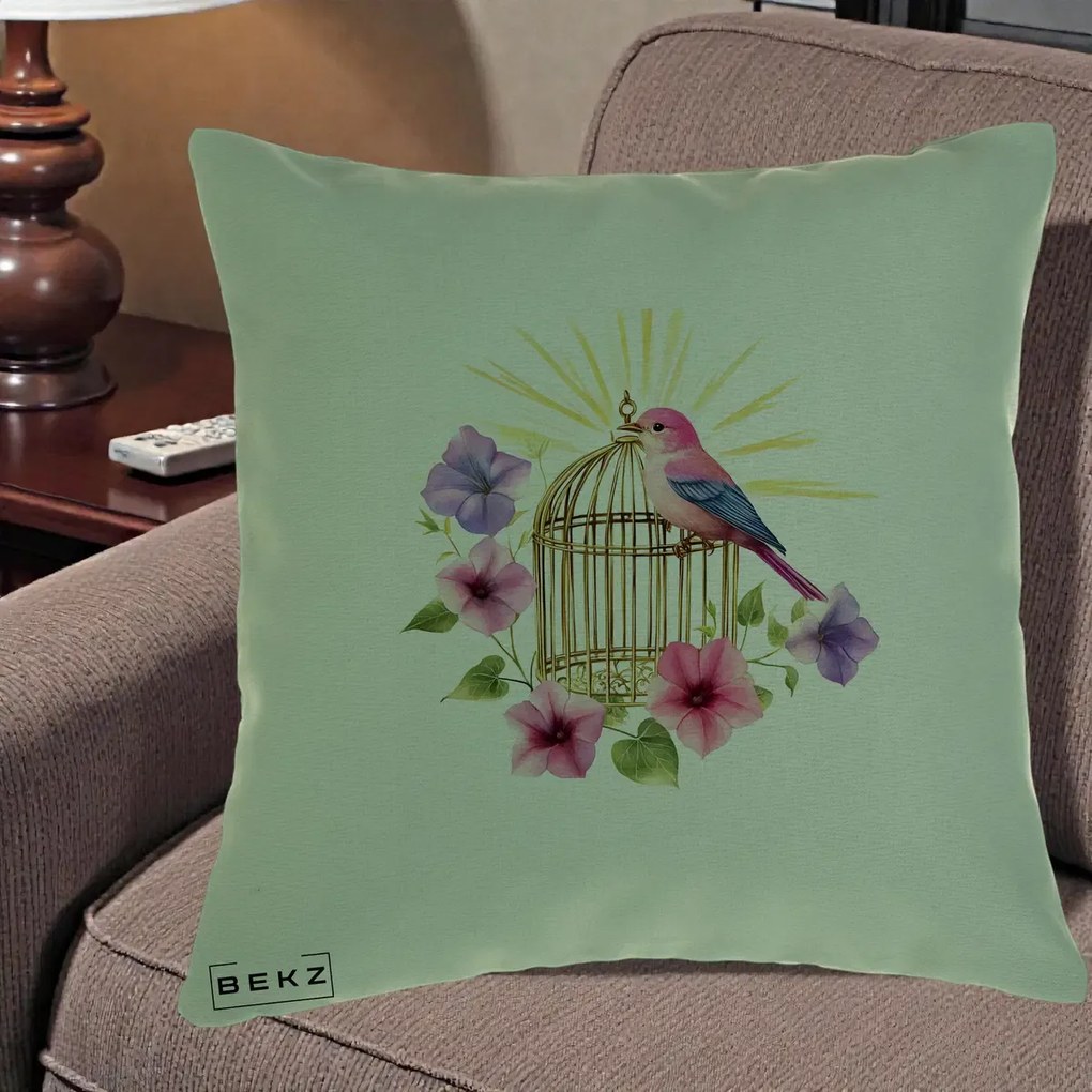 Perna Decorativa Pasare Roz pe Colivie Aurie cu Flori, 40x40 cm, Verde, Husa Detasabila, Perna Inclusa, BEKZ®