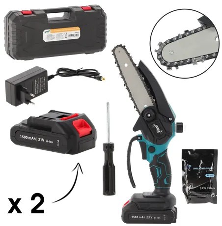 Ferăstrău cu lanț fără fir pentru ramuri - două baterii, încărcător, geantă