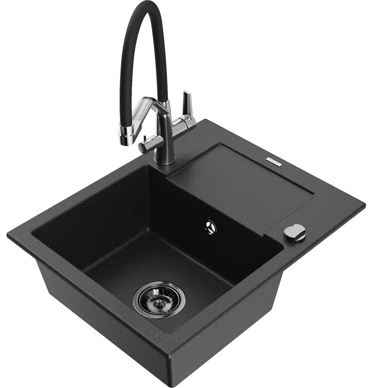 Mexen Enzo chiuvetă din granit cu 1 compartiment, picurător și baterie Duo, negru/auriu metalic - 6506-75-671701-07-B