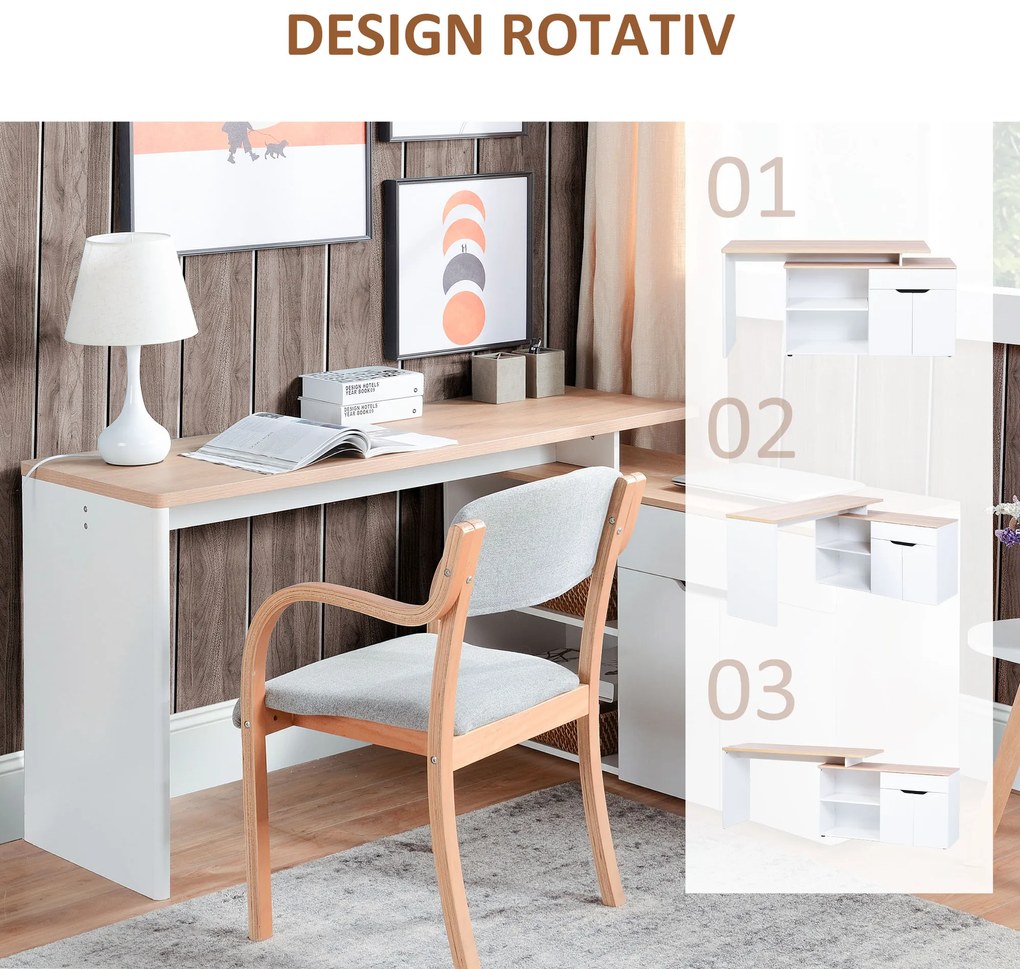 HOMCOM Birou cu Blat Extensibil pentru PC și Bibliotecă, 140x117x76 cm, Alb | Aosom Romania