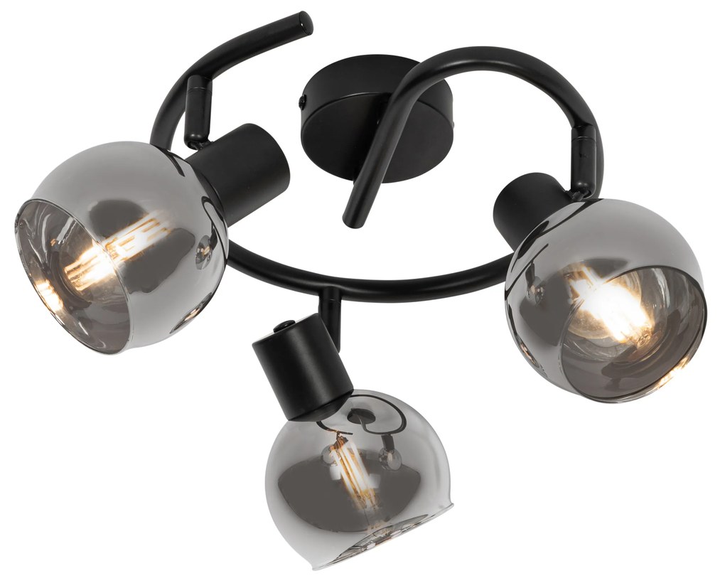 Plafonieră Art Deco neagră cu sticlă fumurie cu 3 lumini rotundă - Vidro