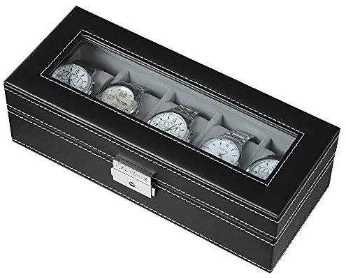 Cutie depozitare ceasuri cu 5 compartimente, MDF / piele ecologica, negru, Songmics