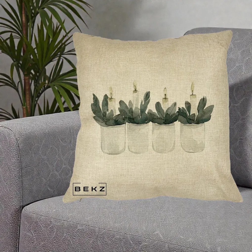 Perna Decorativa Lumanari in Borcane cu Eucalipt, 40x40 cm, Crem, Husa Detasabila, Perna Inclusa, BEKZ®