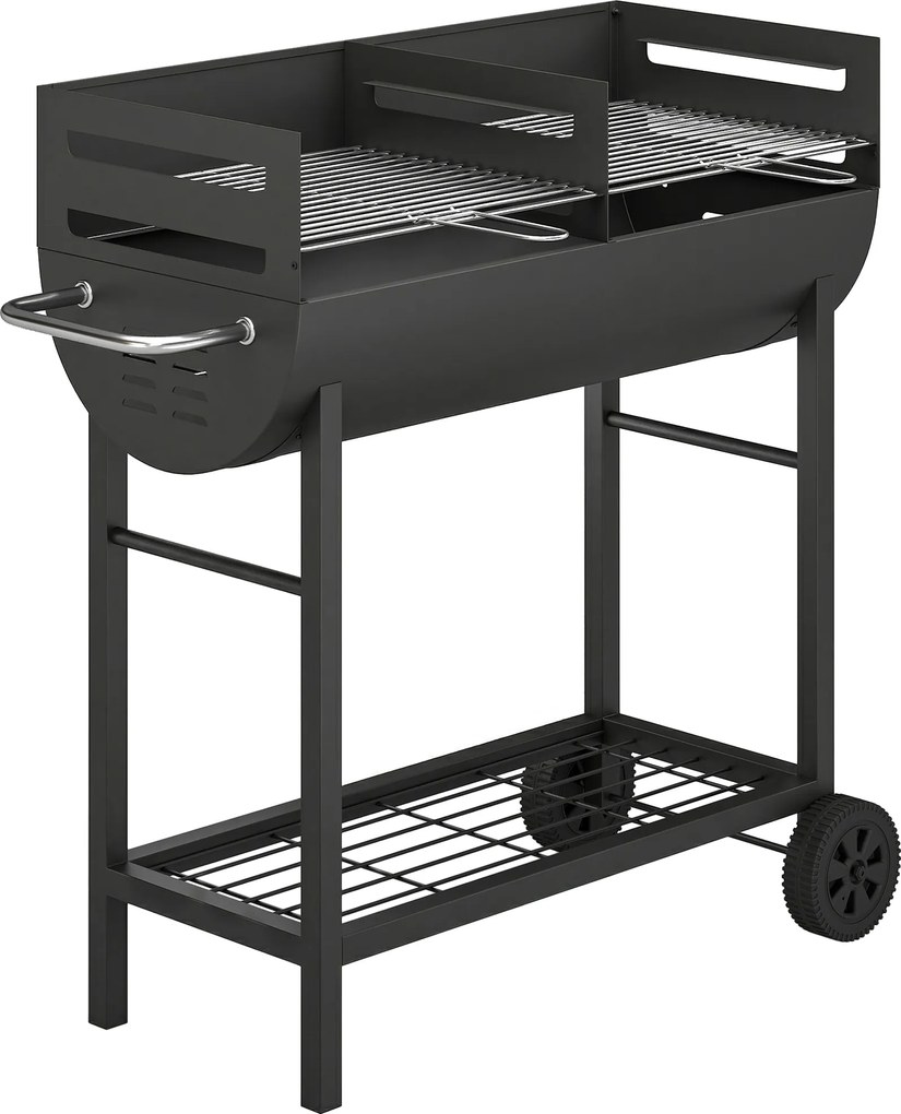Outsunny Grătar pe cărbune cărucior cu 2 zone de gătit grilă reglabilă pe înălțime raft pentru lemne roți mâner lateral, 103 x 46,5 x 100cm | Aosom Romania