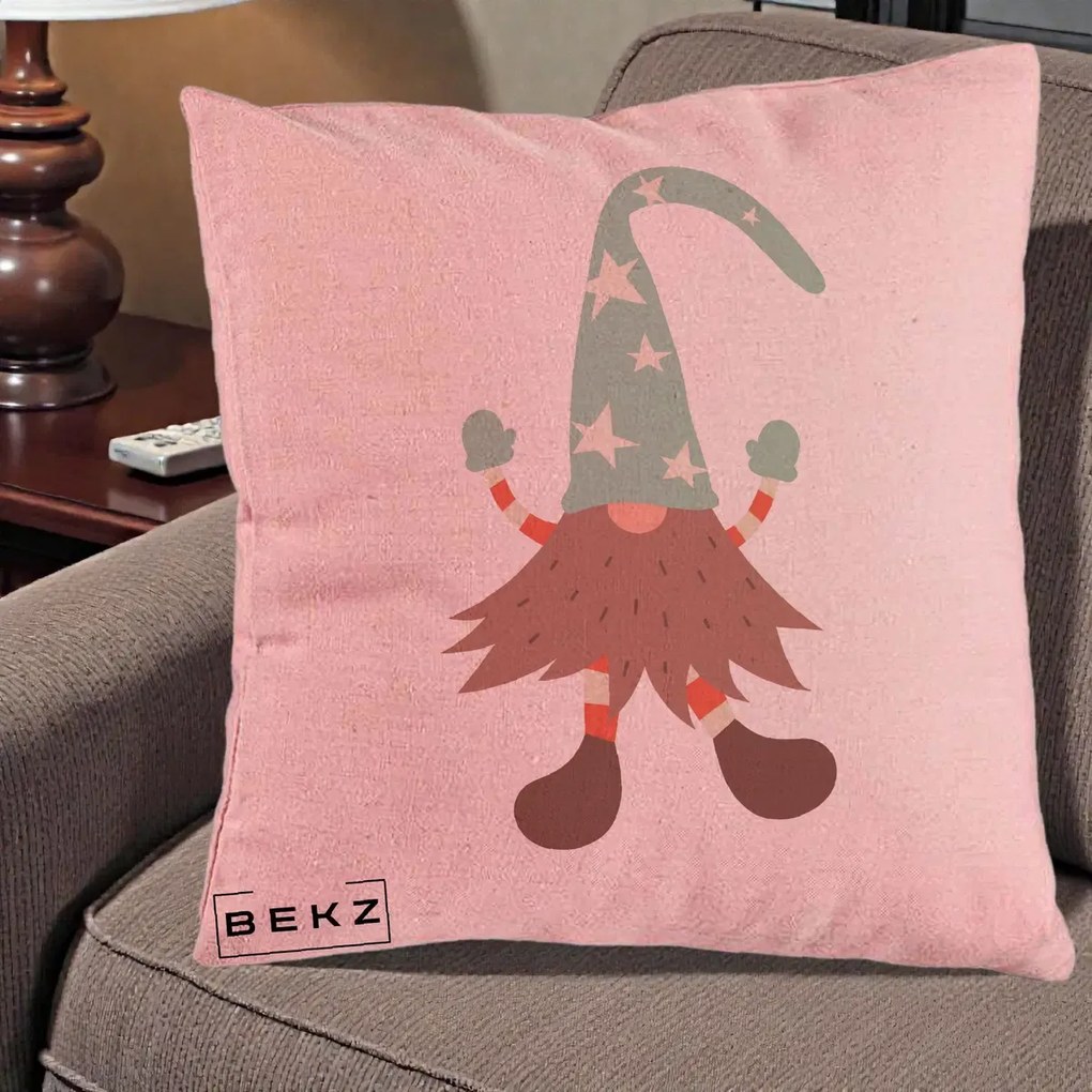 Perna Decorativa Pitic Gnom Nordic cu Cadou Menta, 40x40 cm, Roz, Husa Detasabila, Perna Inclusa, BEKZ®