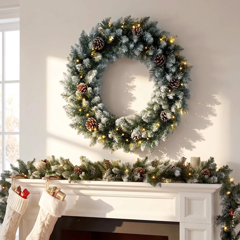 HOMCOM Coroniță de Crăciun 60 cm cu lumini LED, 8 moduri, 140 ramuri, conuri de pin, verde | Aosom Romania