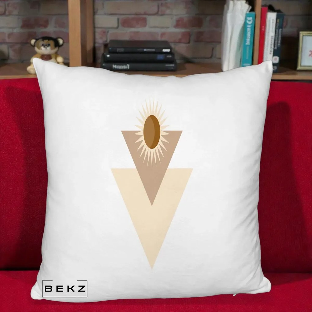 Perna Decorativa Boho Sun cu Triunghiuri Bej si Oval Solar, 40x40 cm, Alb Pufos, Husa Detasabila, Perna Inclusa, BEKZ®