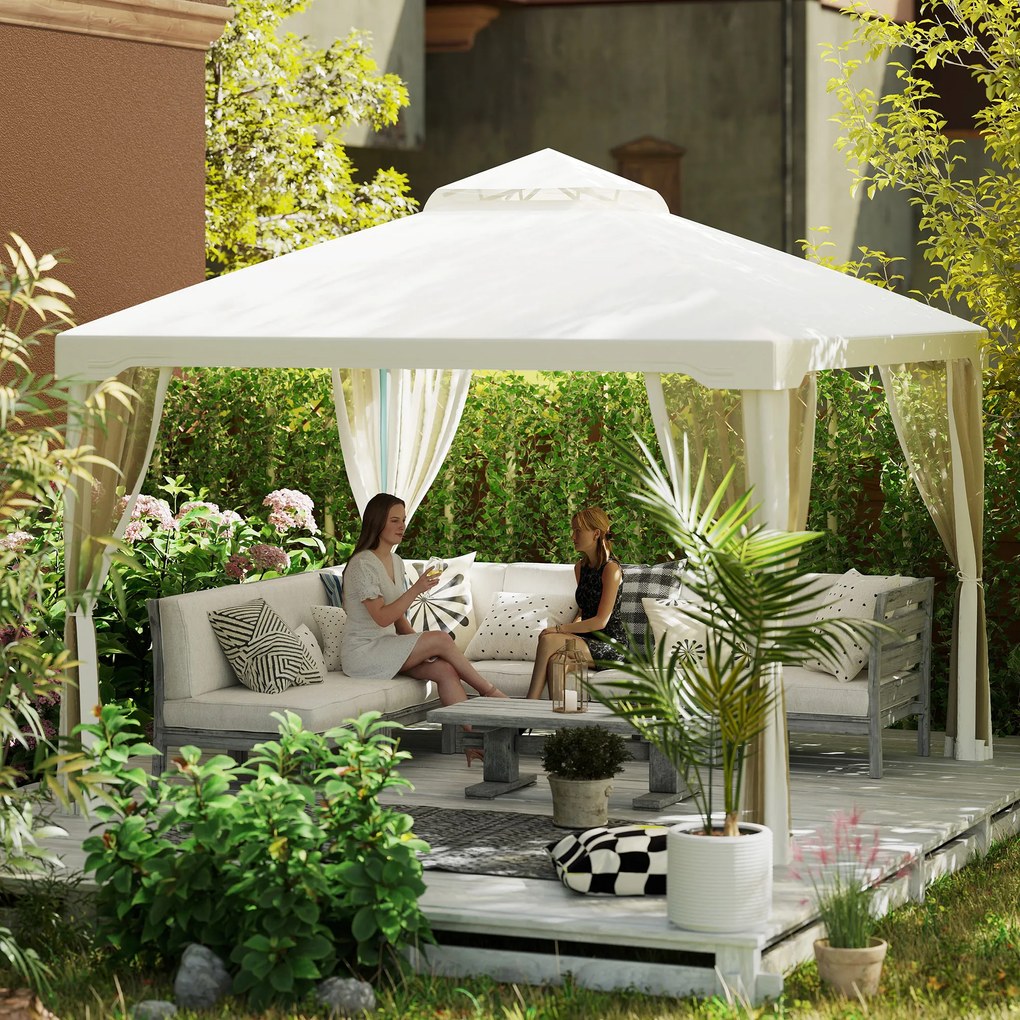 Foisor de Gradina Outsunny, Acoperis Dublu Plasa Tantari Pereti Laterali Bej 295x295x263cm | Aosom RO