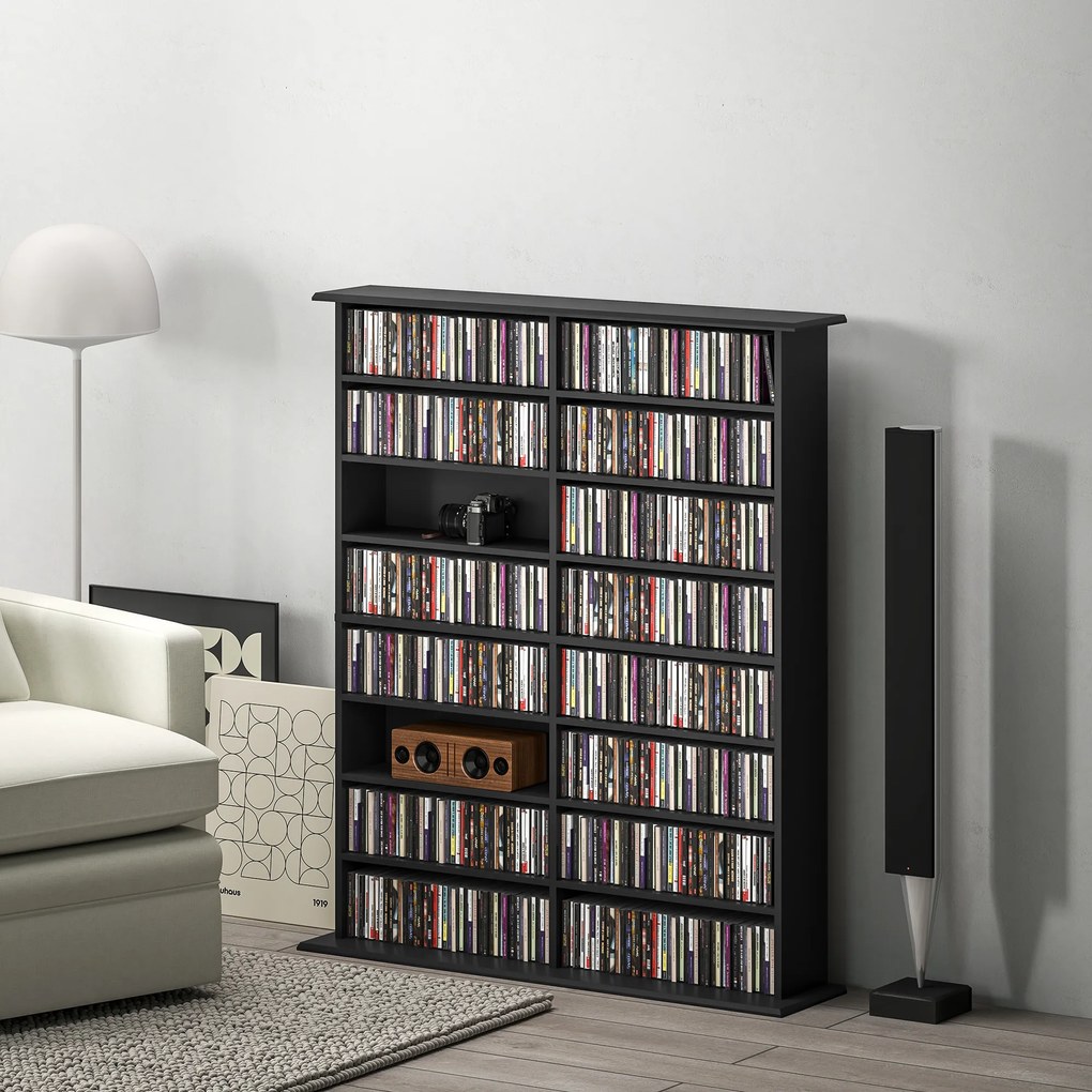 HOMCOM Mobilier Bibliotecă cu 16 Rafturi pentru 720 CD-uri din Lemn 106.5x24x123.7 cm Negru | Aosom Romania