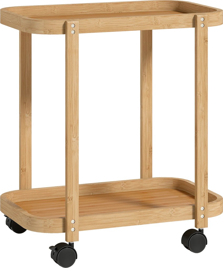 HOMCOM Cărucior de bucătărie din bambus 2 niveluri Cărucior auxiliar pentru bucătărie cu roți 2 rafturi 54x36,5x60 cm Natural | Aosom Romania