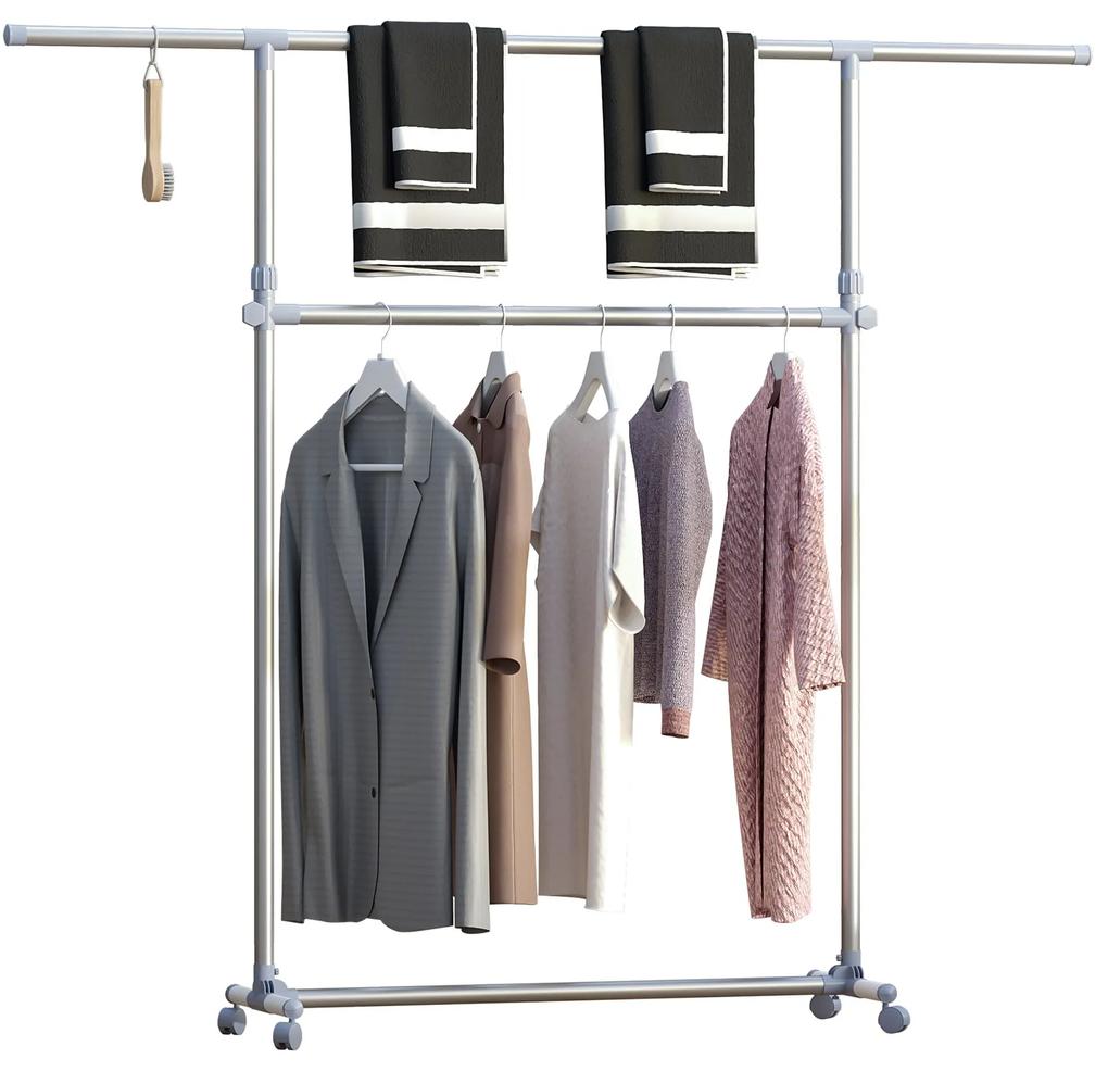 HOMCOM Cuier pentru haine cu inaltime si extensie reglabile, 165 x 48 x 180 cm, Inox / ABS, Argintiu / Gri