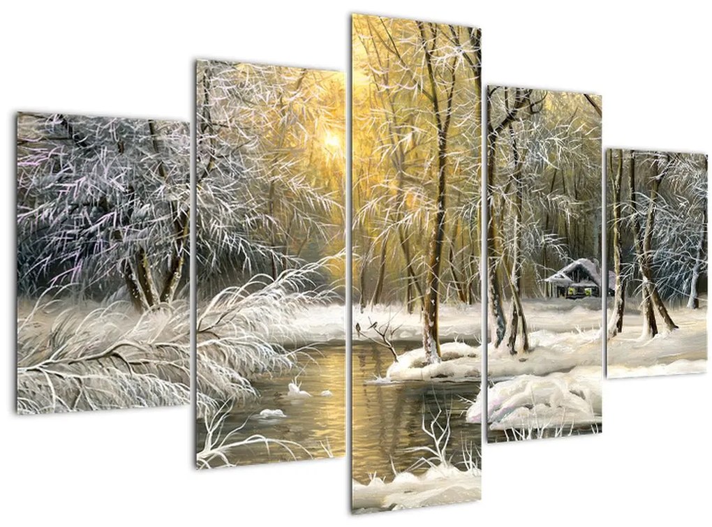 Tablou - Cabană în pădure, pictură în uei (150x105 cm)